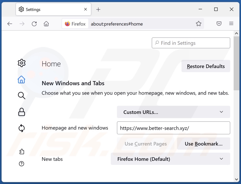 Eliminar better-search.xyz de la página de inicio de Mozilla Firefox