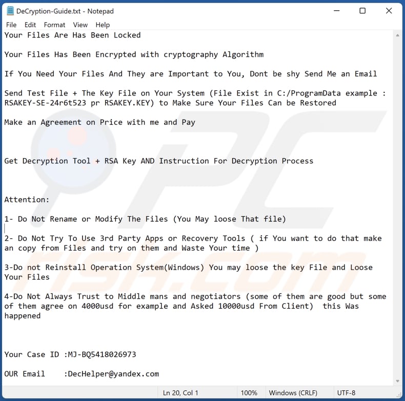 Archivo de texto del ransomware Blender (DeCryption-Guide.txt)