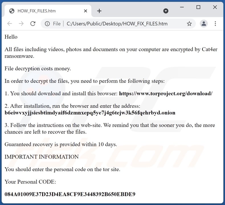 Mensaje del ransomware Cat4er exigiendo un rescate (HOW_FIX_FILES.htm)