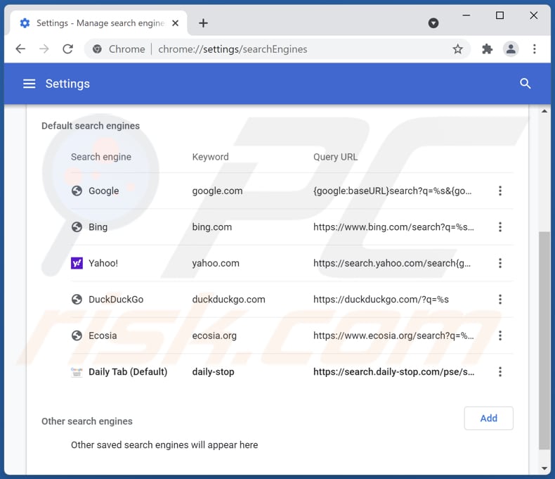 Eliminando search.daily-stop.com del motor de búsqueda predeterminado de Google Chrome