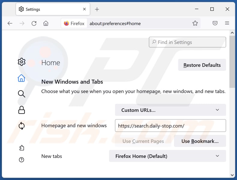 Eliminando search.daily-stop.com de la página de inicio de Mozilla Firefox