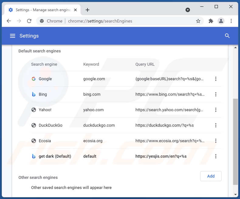 Eliminando yesjis.com del motor de búsqueda predeterminado de Google Chrome