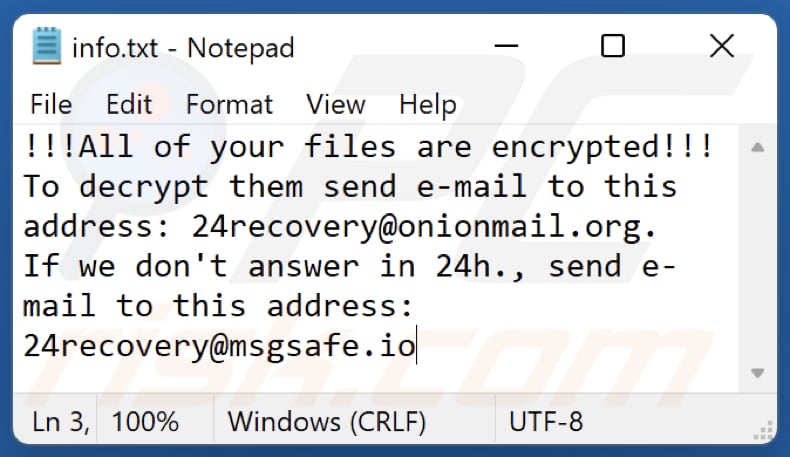 Archivo de texto del ransomware MURK (info.txt)