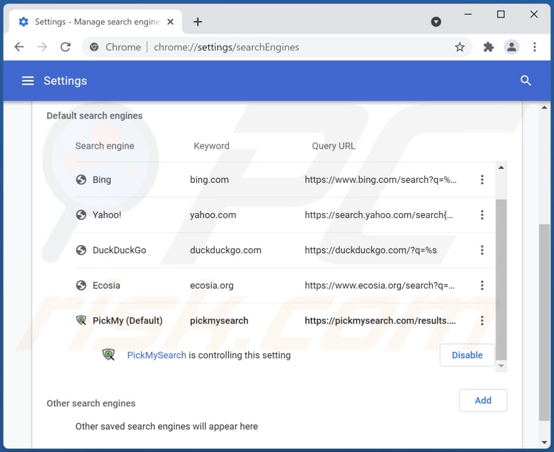 Eliminando pickmysearch.com del motor de búsqueda predeterminado de Google Chrome