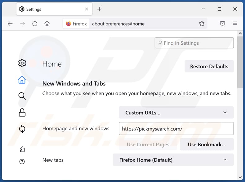 Eliminando pickmysearch.com de la página de inicio de Mozilla Firefox