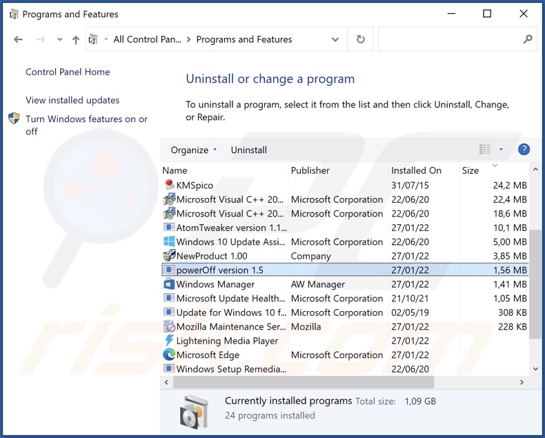 Desinstalar el adware Power Off a través del Panel de Control