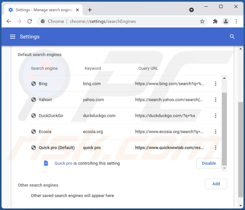 Eliminando quicknewtab.com del motor de búsqueda predeterminado de Google Chrome