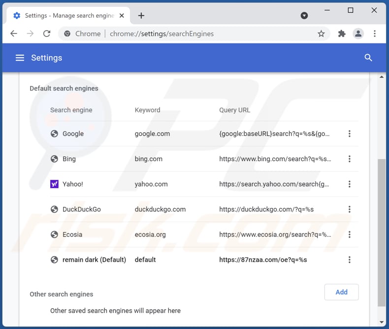 Eliminando 87nzaa.com del motor de búsqueda predeterminado de Google Chrome