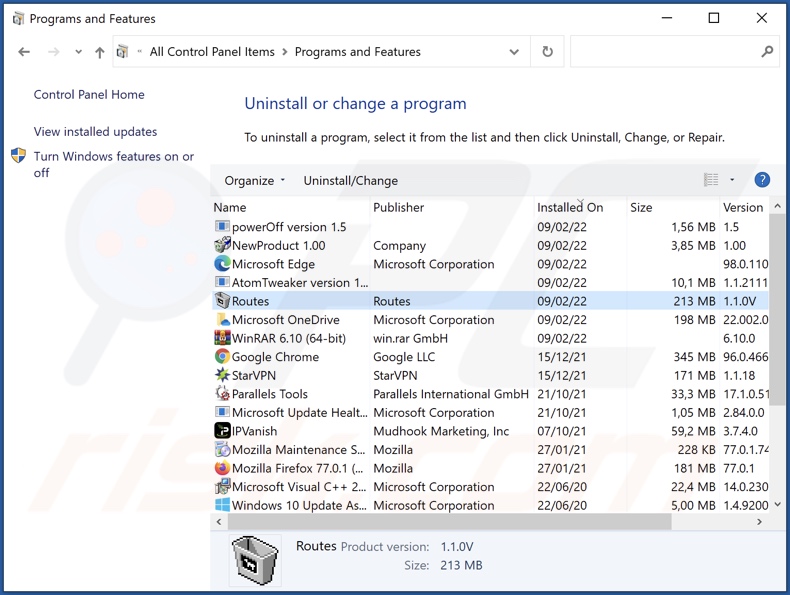 Desinstalar el adware Routes a través del Panel de Control