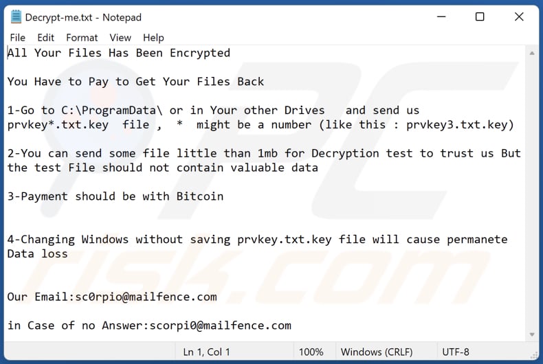 Archivo de texto del ransomware Scorp (Decrypt-me.txt)