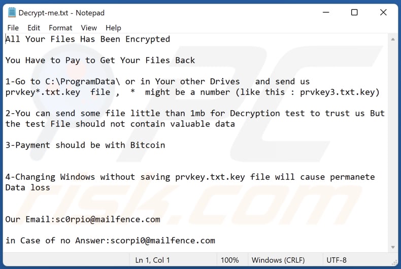 Archivo de texto del ransomware Scorp (Decrypt-me.txt)