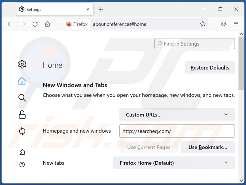 Eliminando searcheq.com de la página de inicio de Mozilla Firefox