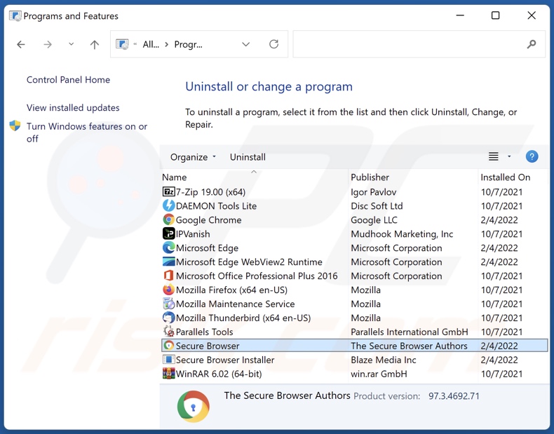 Desinstalar el adware Secure Browser a través del Panel de Control