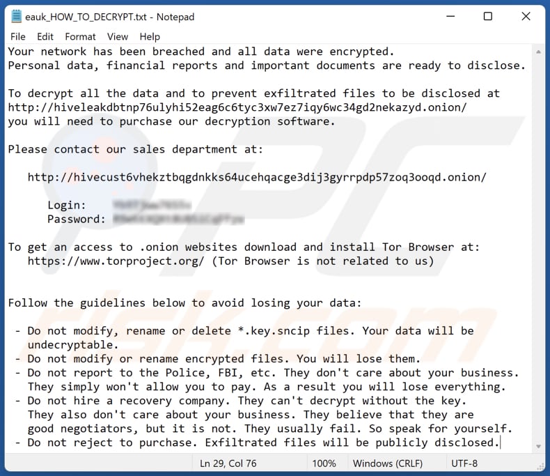 Archivo de texto del ransomware Sncip (euk_HOW_TO_DECRYPT.txt)