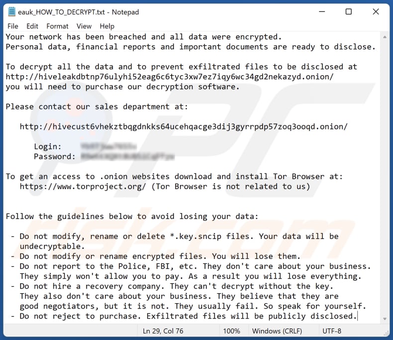 Archivo de texto del ransomware Sncip (euk_HOW_TO_DECRYPT.txt)