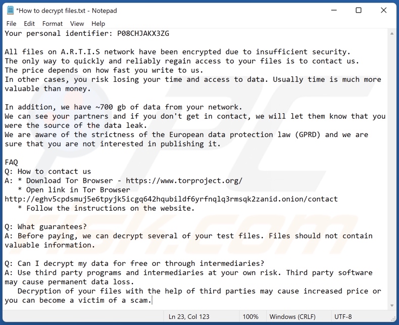 Mensaje de rescate ransomware TargetCompany (artiis) (How to decrypt files.txt)