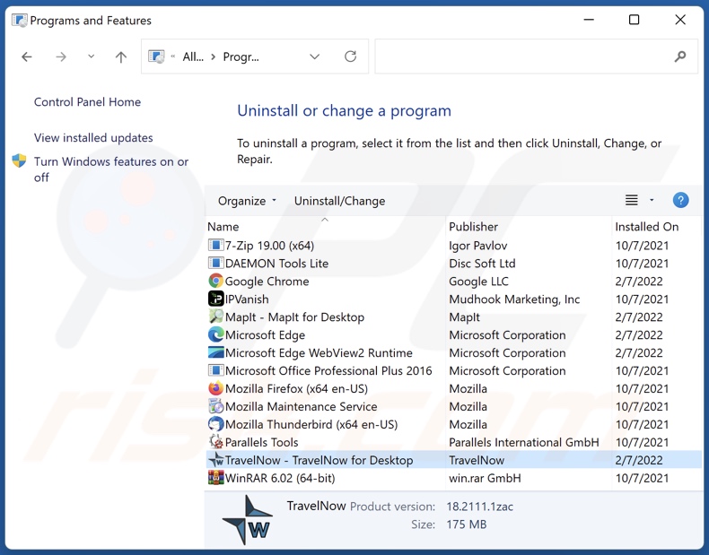 Desinstalar el adware TravelNow a través del Panel de Control