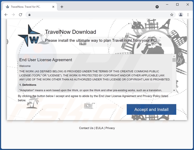 Página web que promociona el adware TravelNow