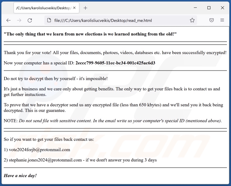 Mensaje de rescate ransomware Vote2024 (read_me.html)