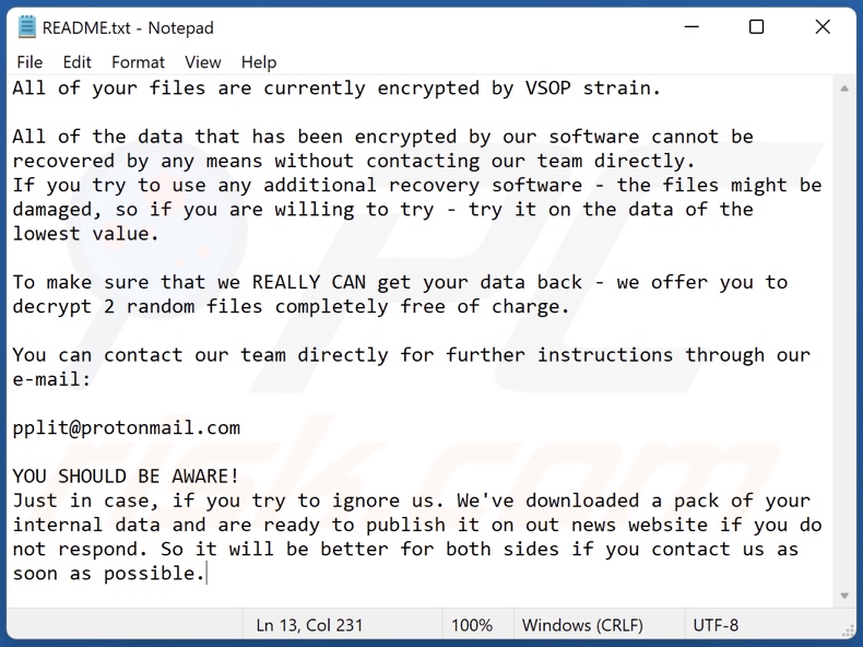 Mensaje de demanda de rescate del ransomware VSOP (README.txt)