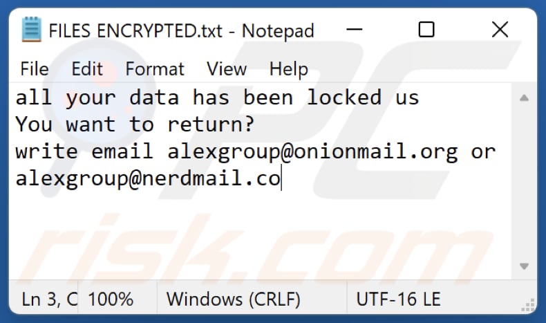 Archivo de texto del ransomware Xgpr (FILES ENCRYPTED.txt)