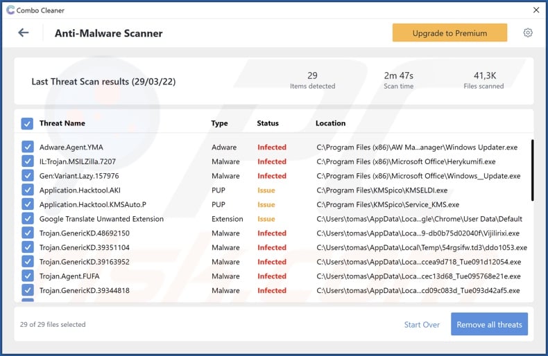 Detecciones de malware 1xExujJunyRVG8MWnEgxdHkVwW7xSzntZ por Combo Cleaner