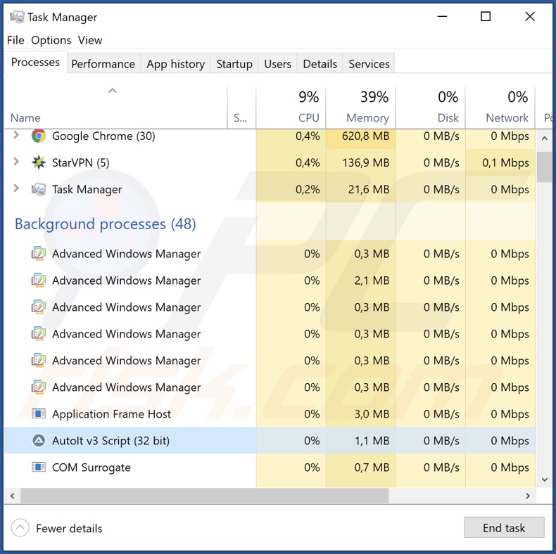 Proceso de malware 89N3PDyZzakoH7W6n8ZrjGDDktjh8iWFG6eKRvi3kvpQ en el Administrador de Tareas (AutoIt v3 Script (32 bit))