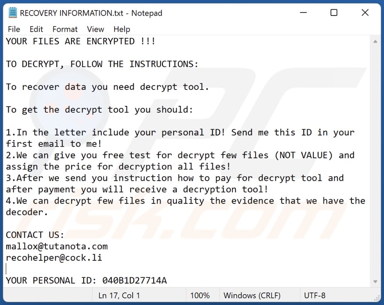 Archivo de texto ransomware Avast (RECOVERY INFORMATION.txt)