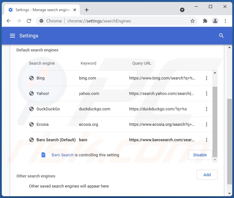 Eliminando barosearch.com del motor de búsqueda predeterminado de Google Chrome