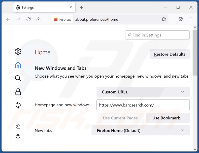 Eliminando barosearch.com de la página de inicio de Mozilla Firefox