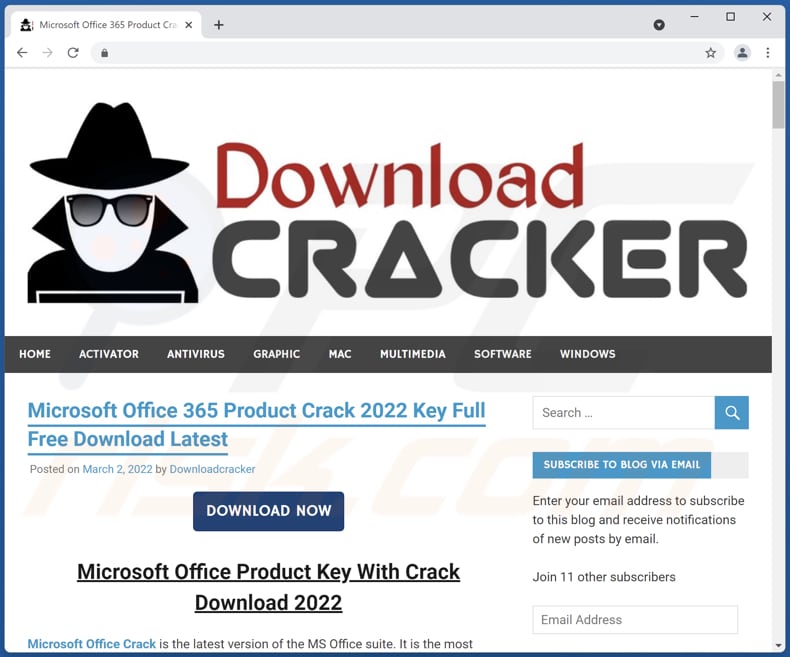 Página web de descarga de cracks de aplicaciones no deseadas con 