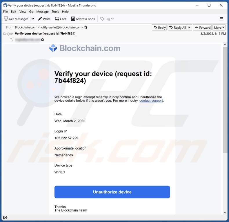 Email estafa blockchain[.]com