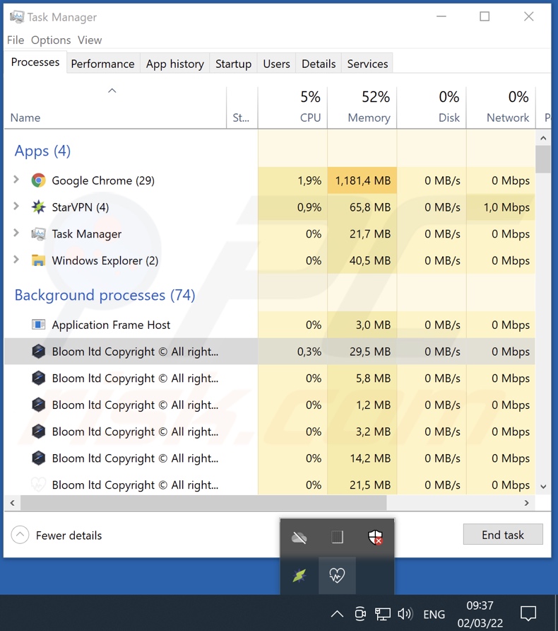 Proceso de adware Bloom en el Administrador de Tareas (