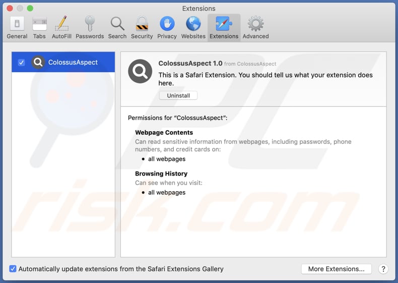 Adware ColossusAspect instalado en Safari