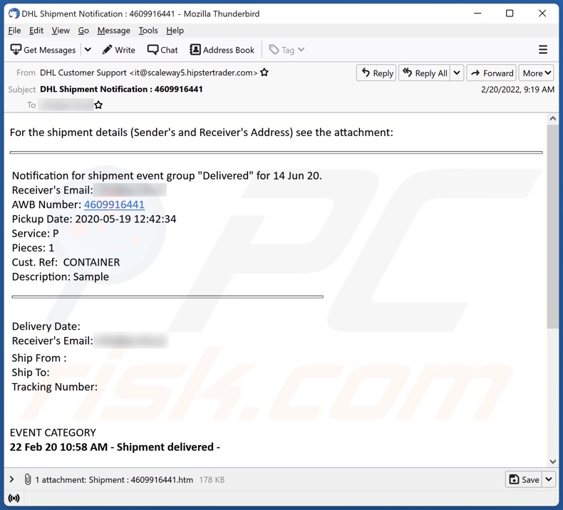 Campaña de spam por correo electrónico de DHL Shipment Details