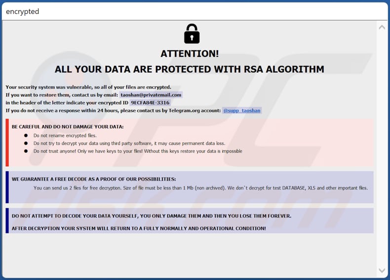 Nota de rescate del ransomware DIKE en la ventana emergente (info.hta)