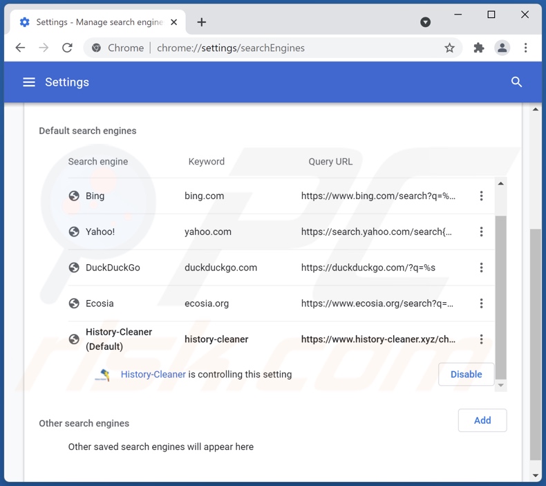 Eliminando history-cleaner.xyz del motor de búsqueda predeterminado de Google Chrome