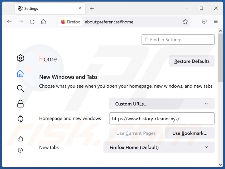 Eliminando history-cleaner.xyz de la página de inicio de Mozilla Firefox