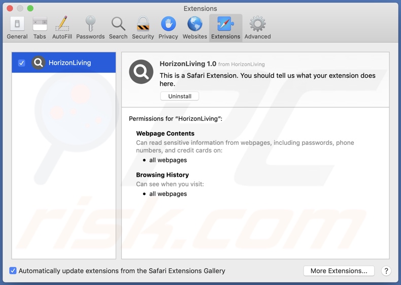 Adware HorizonLiving instalado en Safari