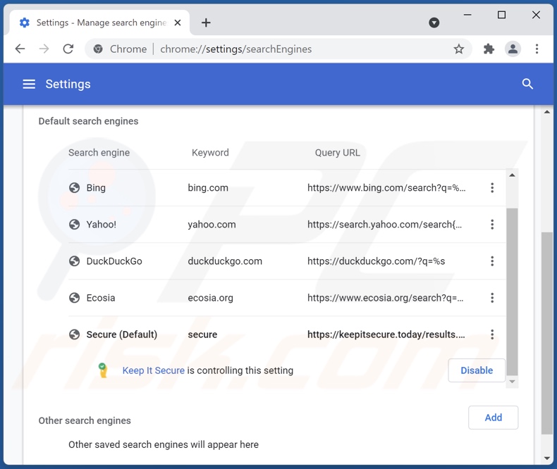 Eliminando keepitsecure.today del motor de búsqueda predeterminado de Google Chrome