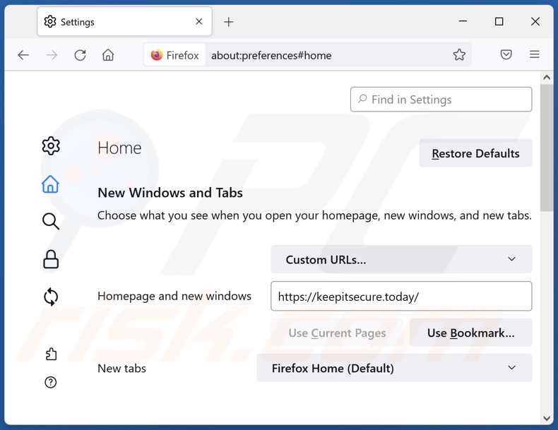 Eliminando keepitsecure.today de la página de inicio de Mozilla Firefox