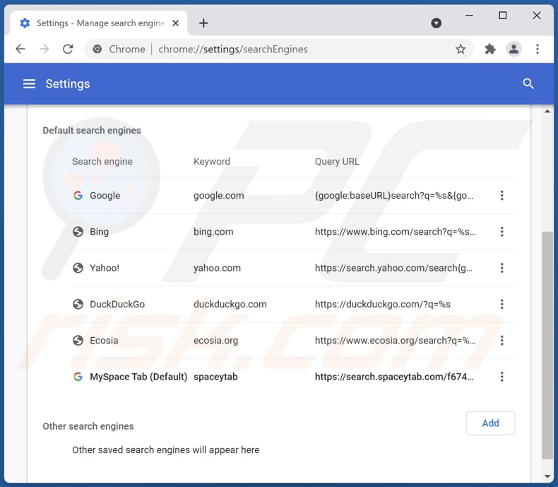 Eliminando search.spaceytab.com del motor de búsqueda predeterminado de Google Chrome