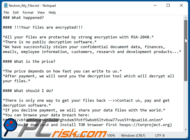 Apariencia de la nota de rescate del ransomware Pandora Restore_My_Files.txt