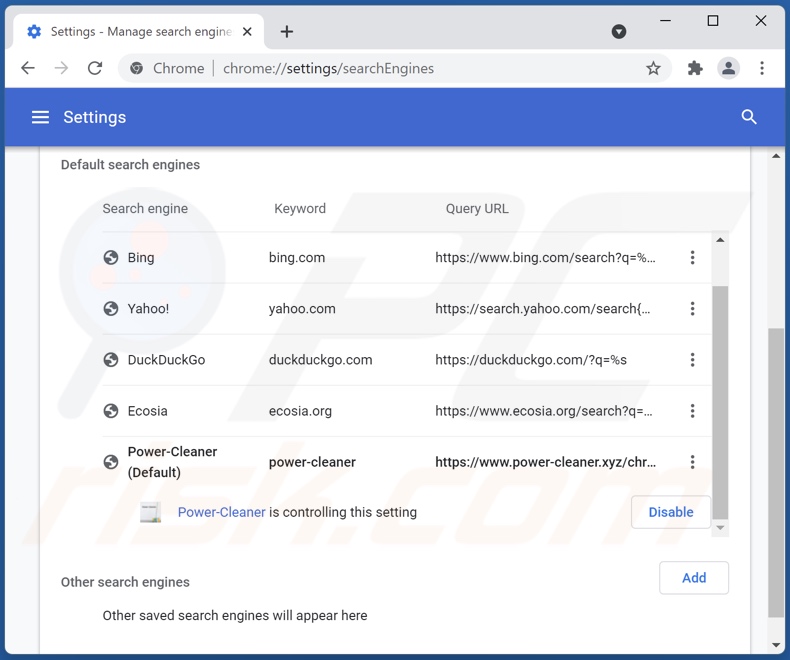 Eliminando power-cleaner.xyz del motor de búsqueda predeterminado de Google Chrome