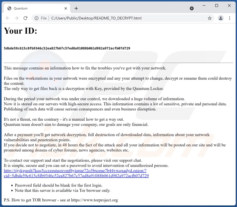 Archivo HTML del ransomware Quantum (README_TO_DECRYPT.html)