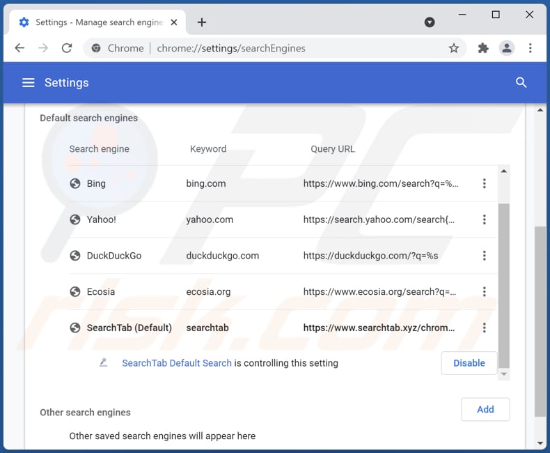 Eliminando searchtab.xyz del motor de búsqueda predeterminado de Google Chrome