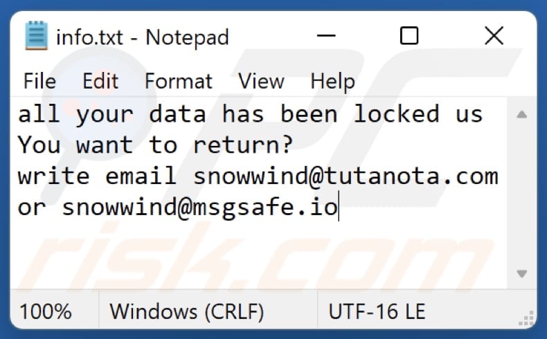 Archivo de texto del ransomware Snwd (info.txt)