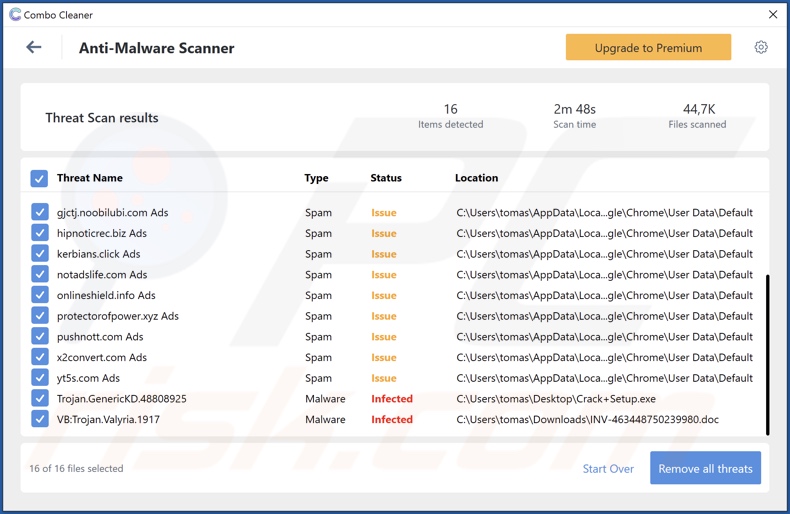 Malware 17uoEtuihi6Lsg4hdedT7PUhF4FNgBPD2F detectado por Combo Cleaner