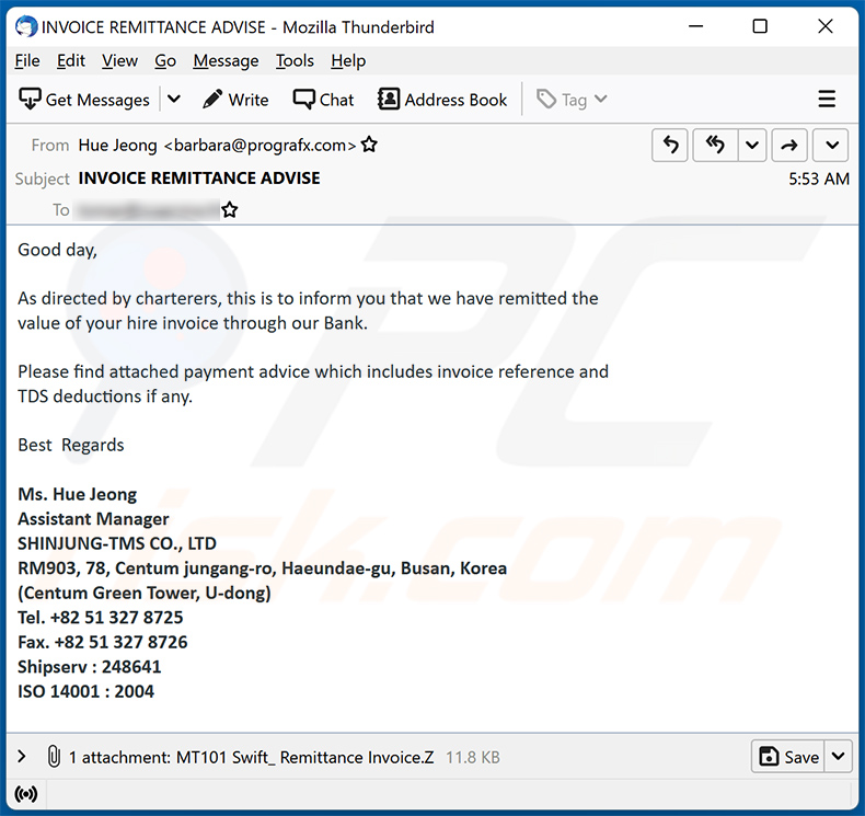 Correo electrónico de spam con temática de pagos bancarios que propaga el malware FormBook