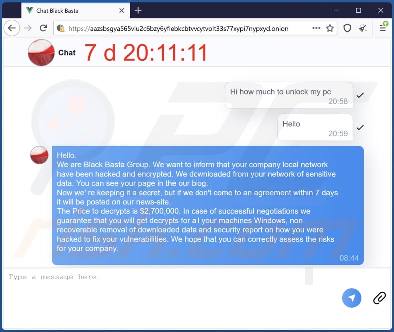 Chat en la página web Tor del ransomware 